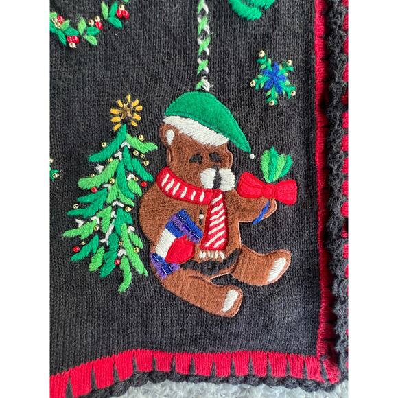 Vintage Christmas Sweater, Cardigan, Beaded, Bears, Busy, Embroidered XL - Picture 6 of 13